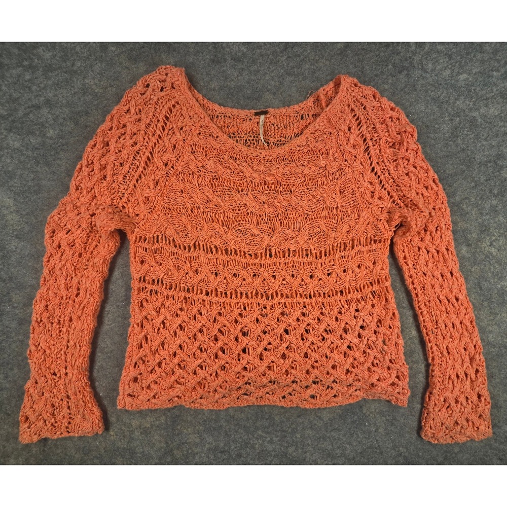 Free People Coral Orange Open Knit Crochet Sweater Long Sleeve Boho Top Small